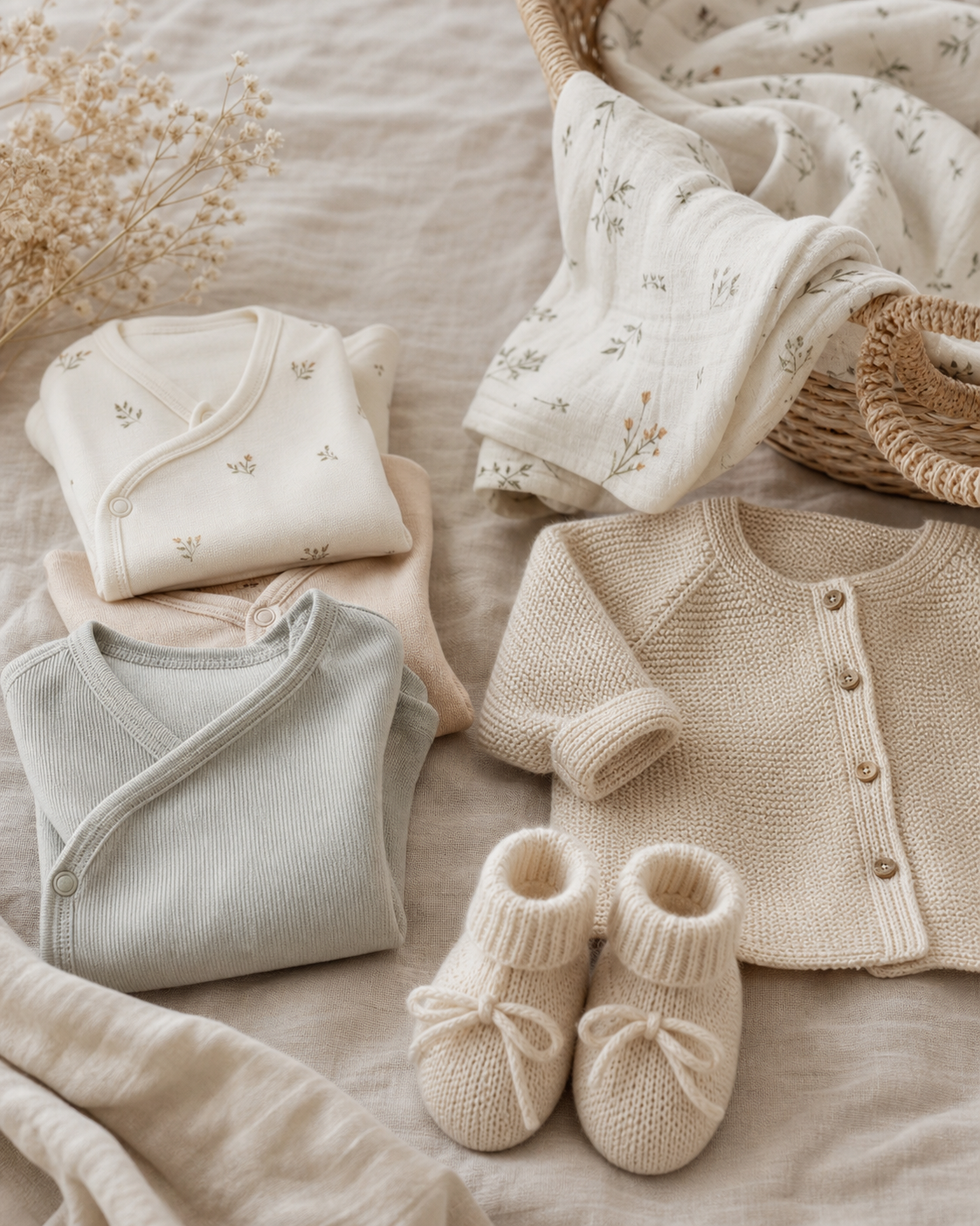 Soft newborn cotton layers and tiny knitwear on linen